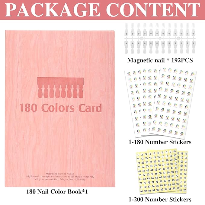 180 Magnetic Nail Color Book,Leather Magnetic Color Display Book with 192 Magnetic Tips & 1-180 Number Labels,Perfect for Nail Polish Nails Art Design(Pink)