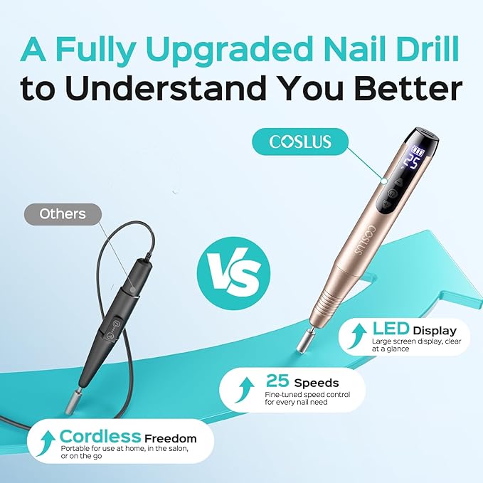 COSLUS C51 Electric Cordless Nail Drill: Professional Nail File with LED Screen & 25 Speeds for Acrylic Gel Dip Powder Removal, Beginner-Friendly for Home DIY & Salon, Portable for Travel, Gold