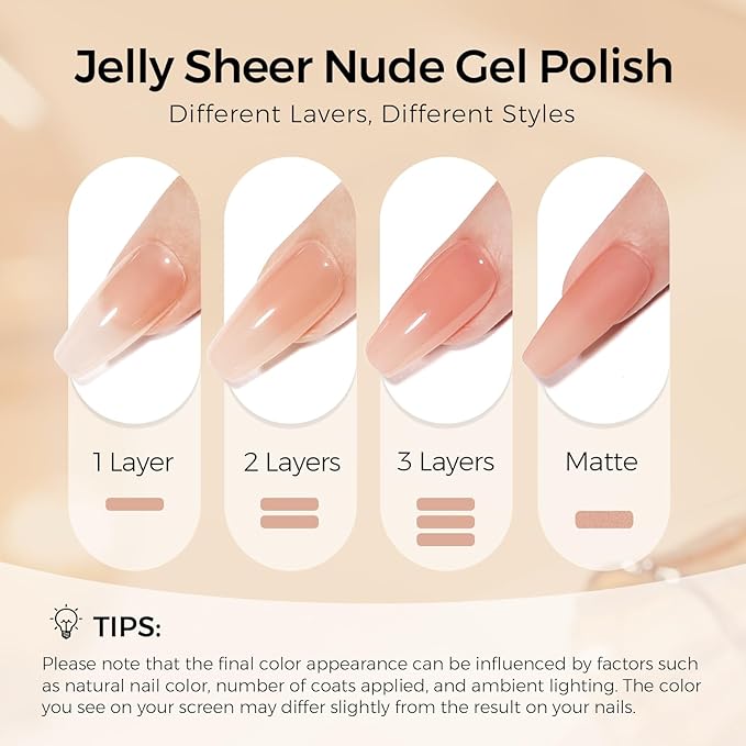 TOMICCA Nude Gel Nail Polish, 15ml Light Nude Gel Polish, Soak Off UV for Cure ， Jelly Color Long Lasting French Nail Art Manicure Salon