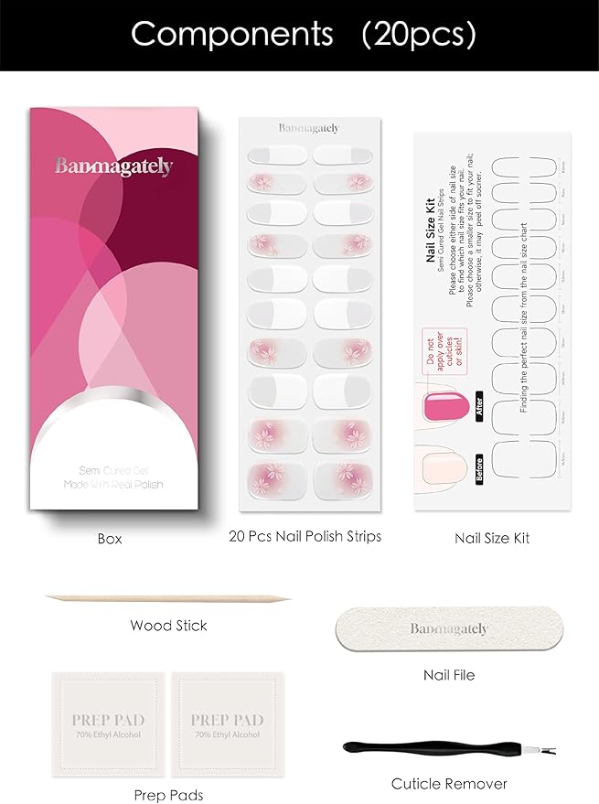 Semi Cured Gel Nail Strips, 20Pcs Long Lasting Salon Quality Wraps, Easy Apply & Remove Gel Nail Stickers with UV Light (Blush French Petals White)