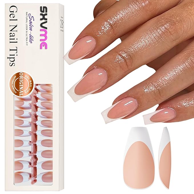 Gel French Tip Nails Long Coffin Press on Nails White 300Pcs Pre-applied Tip Primer Natural Brown Fake Nails Extensions Kit for Women Girls DIY