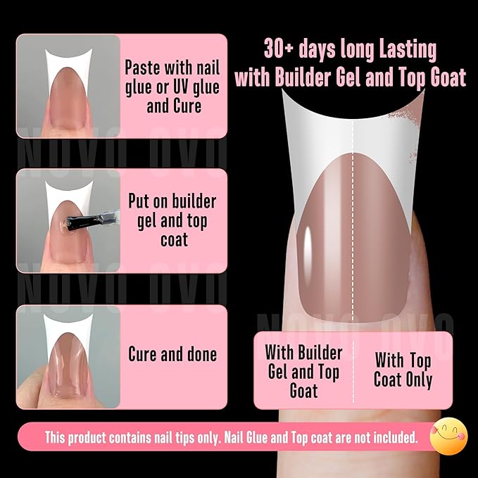 NOVO OVO Halloween Duck Nail White French Tips Press On BROWN PINK with Moon Curve, Medium Extra Thick Full Cover Acrylic,Pre-Etched Wide Soft Gel False Nail Extension for Salon DIY x 15 Sizes 150 pcs