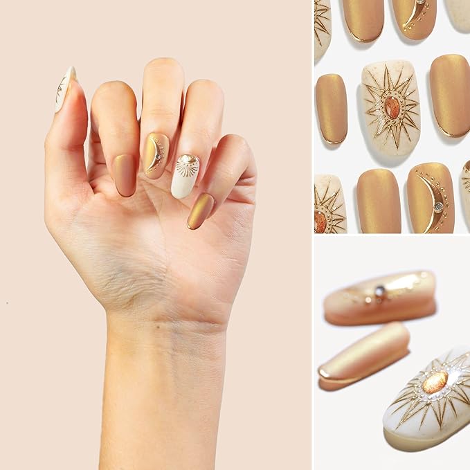 Sun&Beam Nails Handmade Press-on Medium Long Oval Round Beige Brown Gold Bohemia Design False Nail Tips 10 Pcs (#135 XS)