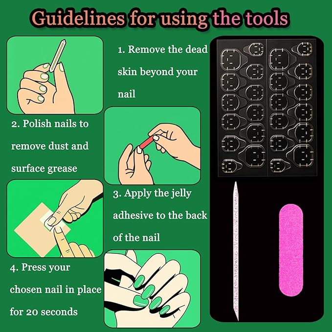 30pcs Shining Green Short Almond Press On Nails with Tree and French Tips for Themed Costumes, Reusable Nail Kit with Nail Adhesive Tabs Mini Nail File, 15 Sizes (Green)