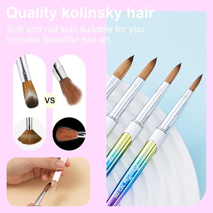 6PCS Kolinsky Nail Art Brush Set, 4/8/10/12/14/16. Oval Shaped Acrylic Powder Nail Design Tools for Professional Manicure DIY Home