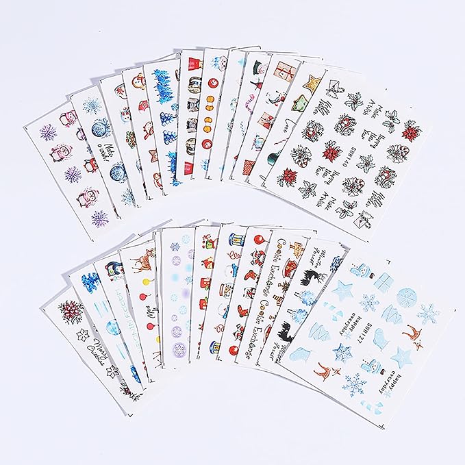24 Sheets Christmas Nail Stickers for Women Cute Nail Art Stickers Snowflake Snowman Elk Penguin Christmas Tree Water Transfer Nail Decals Winter Xmas Nail Sticker 3D Self-Adhesive Nail Art Supplies