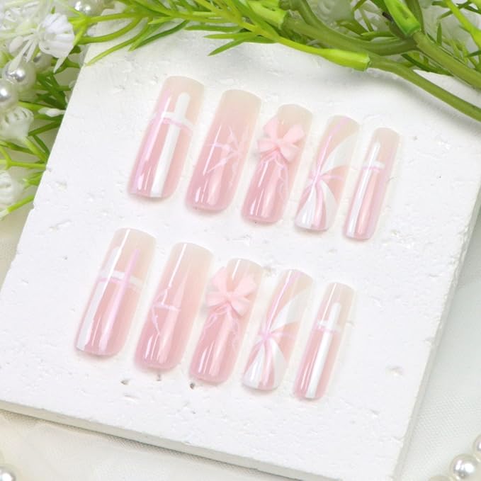Long Press on Nails Square Fake Nails Press ons with Pink and White Gradient French Line Swirl Designs Cute Glue on Nails Acrylic Full Cover Stick on Nail for Women 24 Pcs