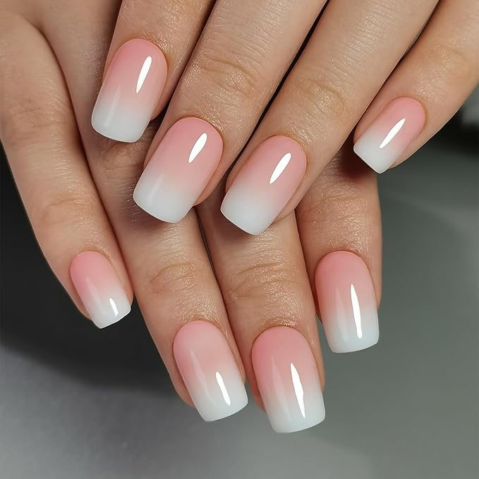 Curvlife Press on Nails Acrylic Fake Nails with Ivory Gradient White Design Full Cover False Nails for Women Reusable Nail Kit with Nail Glue Adhesive Tabs