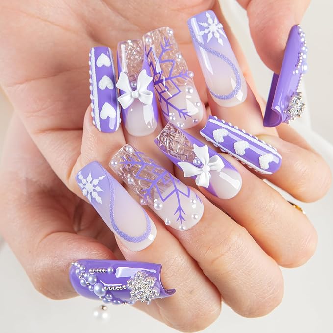 LOVFUL Short Press on Nails Lavender Snow | Handmade Acrylic Press ons| Reusable Fake False Nails | Square Classic Regular 1.3in | H697-S