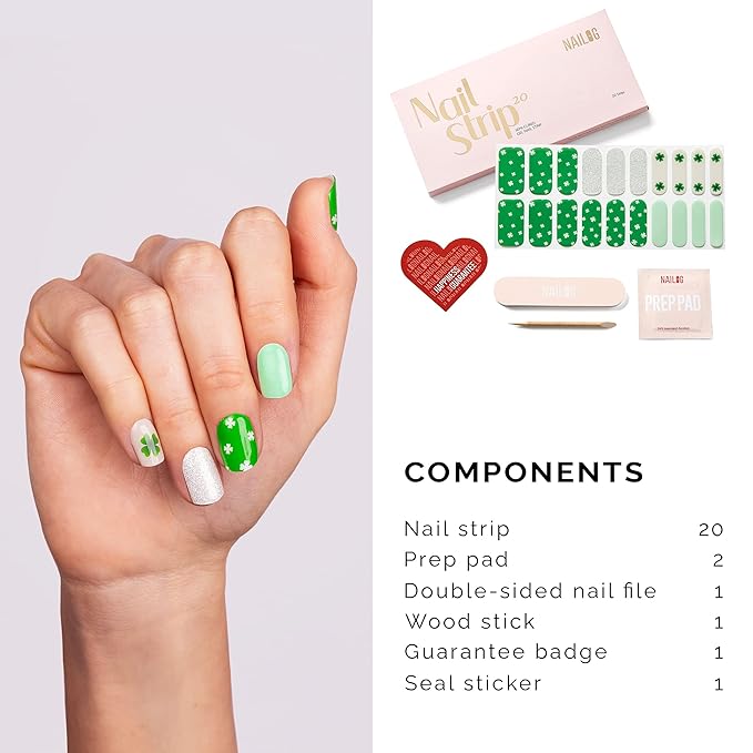 NAILOG Semi Cured Gel Nail Strips for St. Patrick's Day (20 Extra Long Green Stickers/Wraps) | Glossy & Long Lasting Soft Gel Finishing | The Shamrock