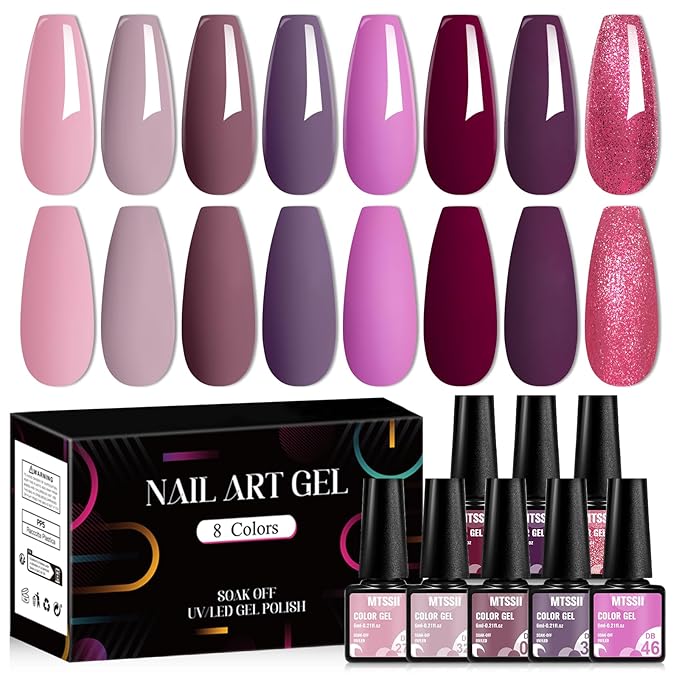 MTSSII Gel Nail Polish 8 Colors, Pink Brown Burgundy Red Gel Polish Set Peach Pastel Pink Nail Polish Gel Kit Soak Off Manicure Set Nail Art Gift for Women DIY Home Salon