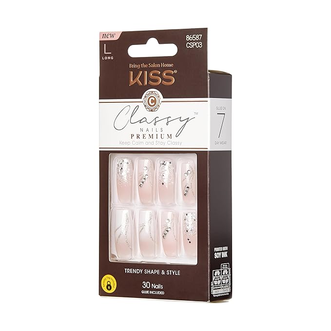 KISS Classy, Press On Nails, Nail glue included, 'Stunning!', French, Long Size, Square Shape, Includes 30 Nails, 2g Glue, 1 Manicure Stick, 1 Mini file