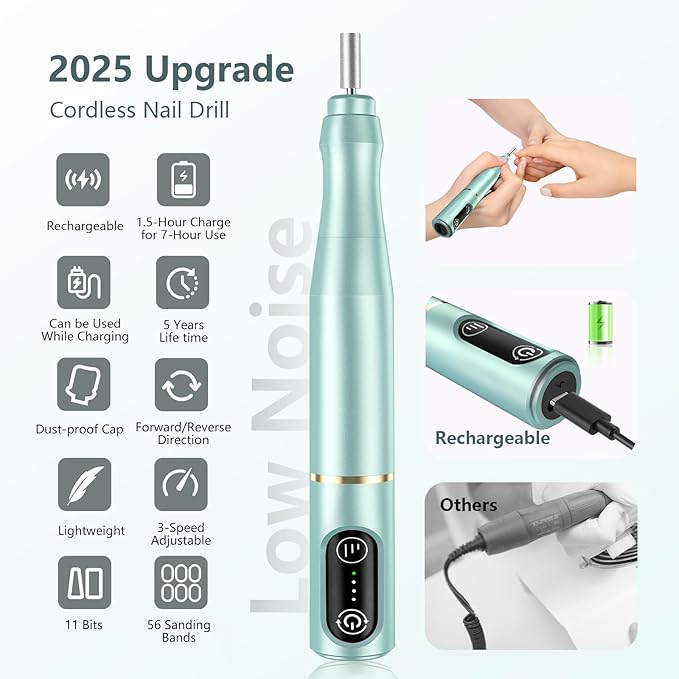Cordless Nail Drill Electric Rechargeable File Kit, Professional Efile Acrylic Gel Nail Polish Remover Pedicure Manicure Machine Portable Set with 11 Bits 56 Sanding Bands (Mint Green)
