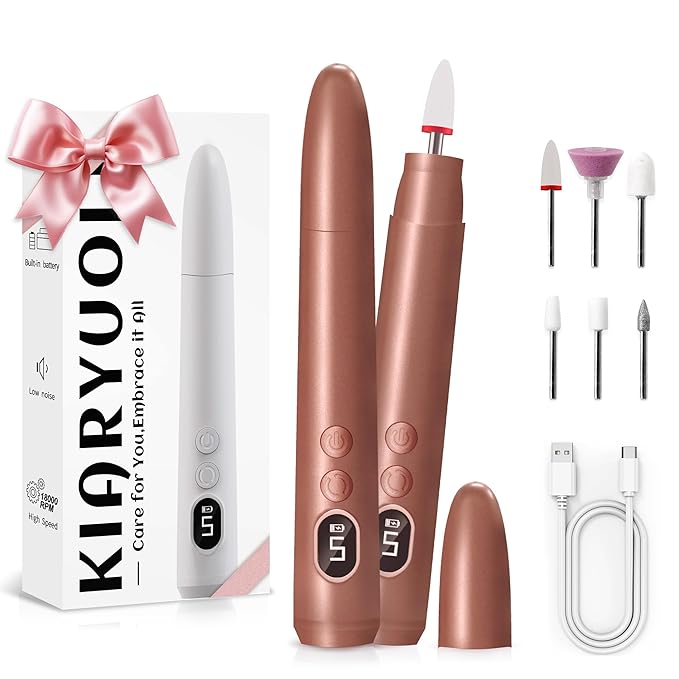 Cordless Electric Nail Drill Kit, Portable Rechargeable Nail Drill Set, Battery Electric Nail File, 5 Speeds Modes, LED Lighting, Reversible Direction, DIY, Professional (Gold)