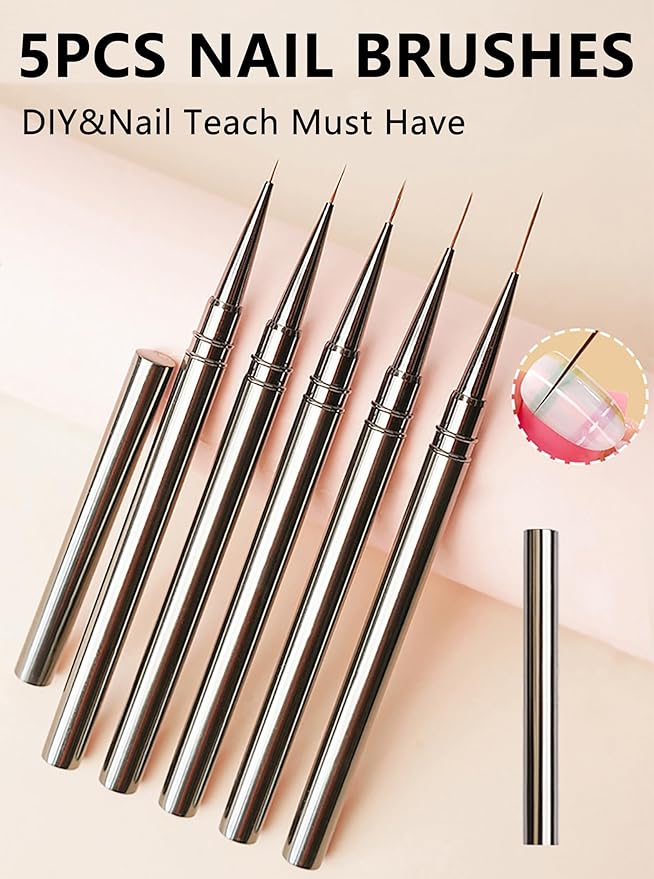 5Pcs Nail Art Liner Brushes Set, Metallic Nail Art Brush for Long Lines, Thin Details, Fine Drawing, UV Gel Polish Painting Nails Design Pen for Manicure Brushes 6/9/12/15/18mm