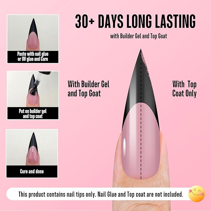 NOVO OVO Black French Tip Long XL Sharp Stiletto Nail Tips Press on BERRY PINK, Soft Gel Double Matte Fake Nail Extension, Full Cover False Nails for Acrylic DIY x 16 Sizes 160 pcs