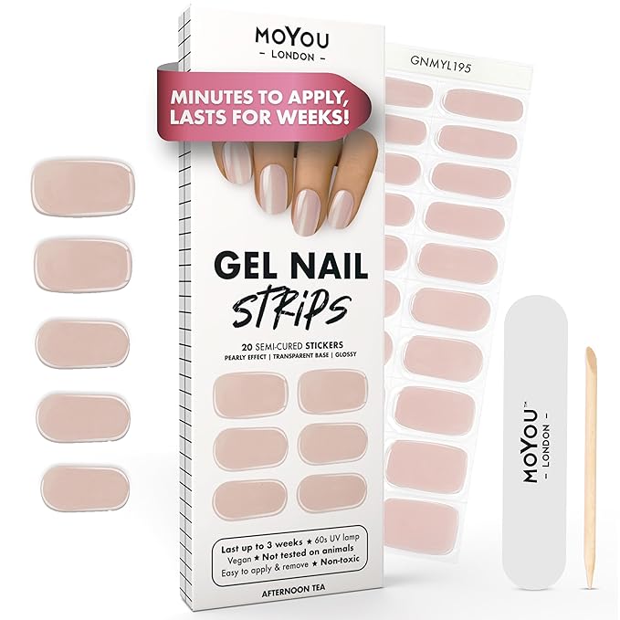MOYOU LONDON Semi Cured Gel Nail Strips - 20 Pcs. Waterproof Gel Nail Wraps, Cures in Sunlight or UV/LED Lamp, Lasts Up to 2+ Weeks, Stretchable, Easy to Apply & Remove, Vegan & Cruelty-Free