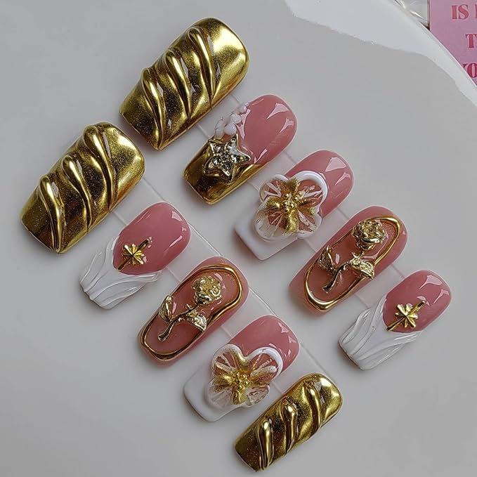 Medium Press on Nails Square Professional Handmade Press-on Nails with Flower and Gold Design for Women 10pcs M Size Pattern 1104