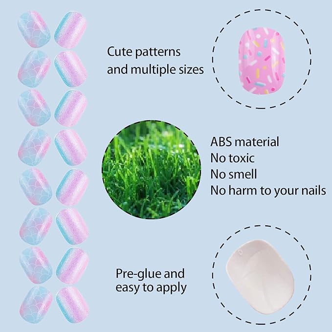 SIUSIO 120 Pcs 5 Pack Children Acrylic Fake Nails Press on Pre-glue Full Cover Glitter Gradient Color Rainbow Short False Nail Art Kits Set for Kids Little Girls - Multicolor Gradient Series