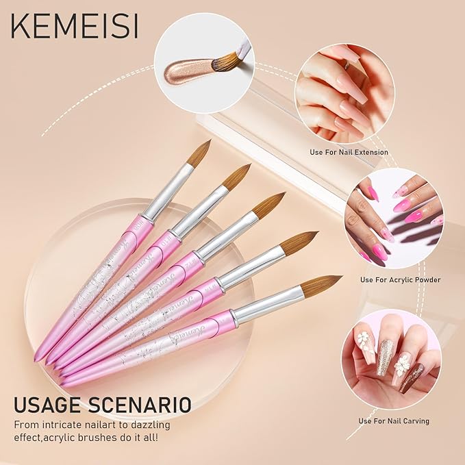 Acrylic Nail Brush Size 08, KEMEISI 100% Pure Kolinsky Nail Art Brushes Sturdy Handle Oval Shaped Acrylic Powder Nail Design Tools for Professional Manicure DIY Home Salon