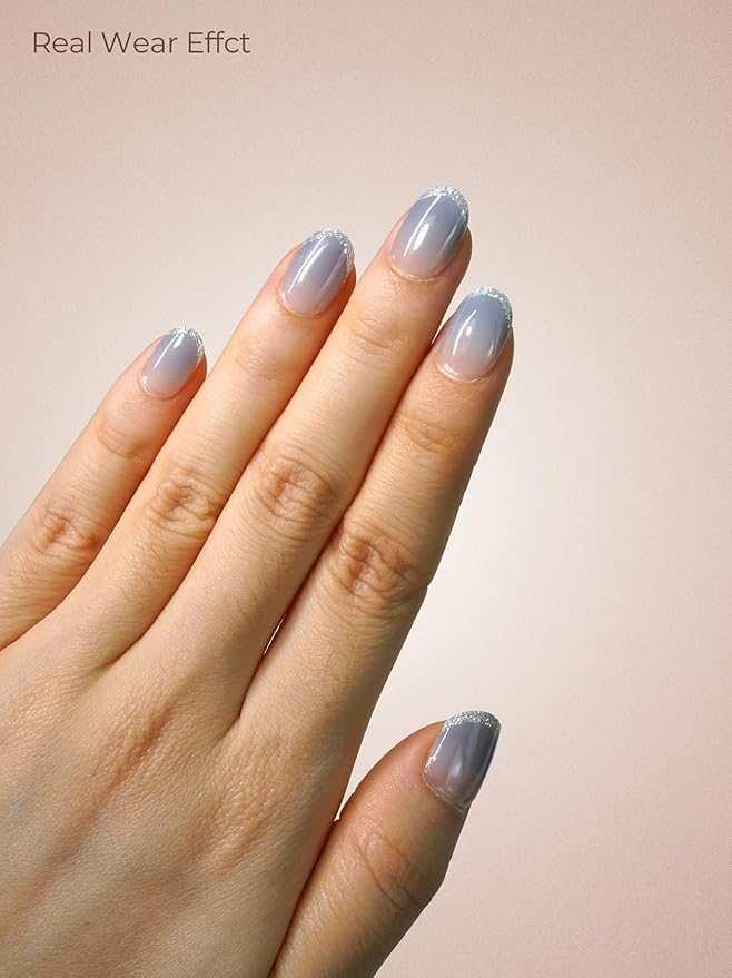 Pre Cured Gel Nail Strips - 44PCS Salon Quality Gel Nail Stickers - Long Lasting Polish Wraps for Women no UV Light Needed Easy Apply& Remove (Dreamy Blue）
