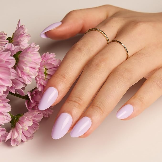 LAMIMOSA 32Pcs Lilac Press On Nails Short Almond – Soft Gel Fake Nails in 16 Sizes, Reusable Glue on Nail kit, LILAC