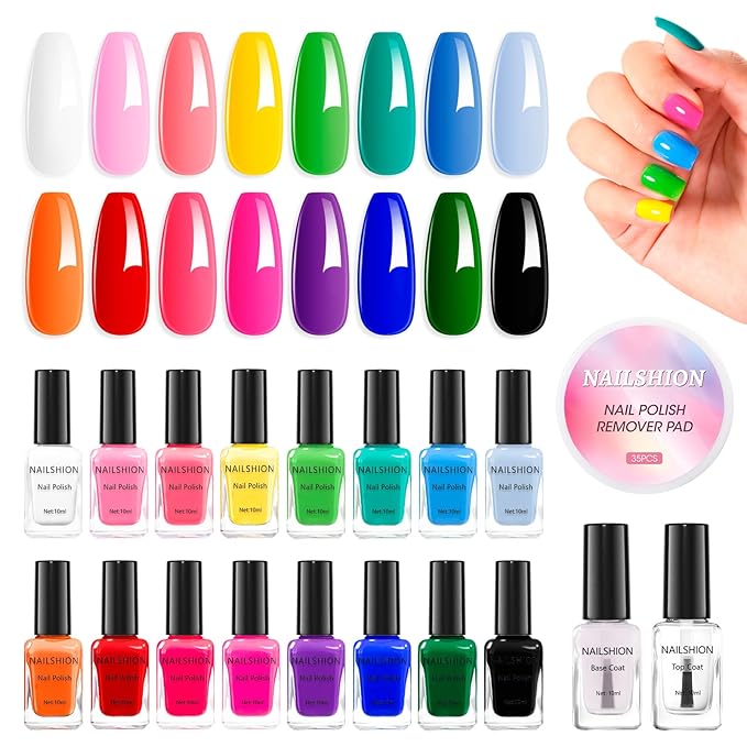 Nail Polish 10ml 16 Colors Rainbow Air Dry Regular Nail Polish Set with Base Top Coat & Remover Pads| White Red Classic French Fingernail Polishes Non-gel Bulk Gift for Nail Art Lovers