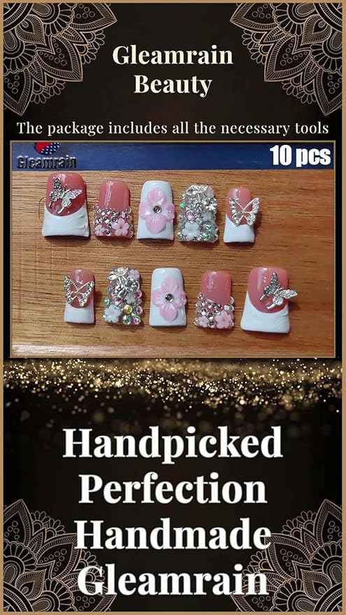 Handmade Press on Nails Duck Shape M Size/Gleamrain Medium Hand Made Hot Glue on Nails With Rhinestones and Flower Design Nude Duck Nail White French Tip for Women and Girls 10 Pcs