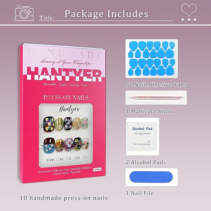 Colorful Hand-Painted Floral Press on Nails - Sweet Oil Painting Style Short Squoval Glossy Fake Nails, Reusable Elegant Vintage False Nails for Women Fall Winter Season Party, Size XS