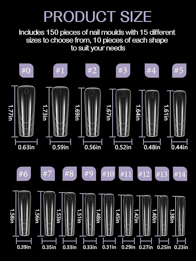 TOROKOM Poly Extension Gel Dual Nail Forms 150Pcs Coffin Clear Nail Forms Full Cover Coffin Nail Molds 15 Sizes for Gel Manicure Nail Art Design Salon&DIY