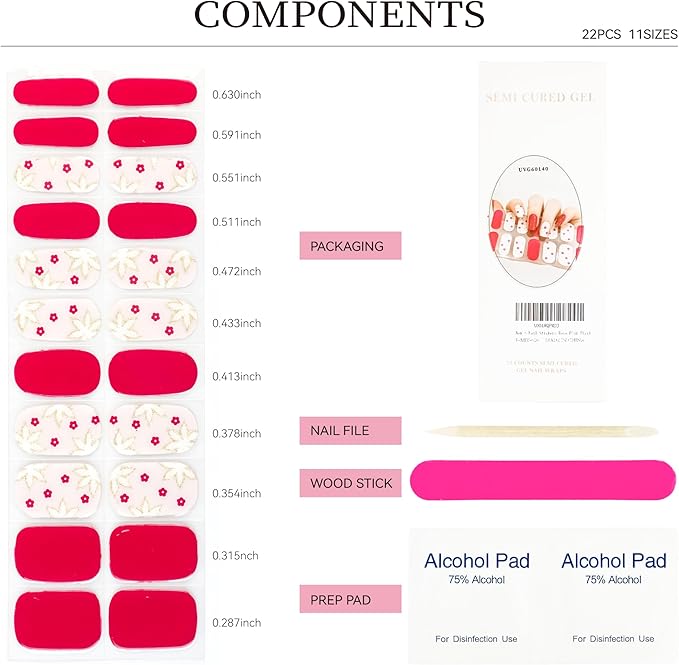Semi Cured Gel Nail Strips Pink Flower Gel Nail Stickers with UV/LED Required Long Lasting Gel Nail Stickers for Spring Includes 22 Strips 2 Prep Pads, Nail File & Wooden Stick