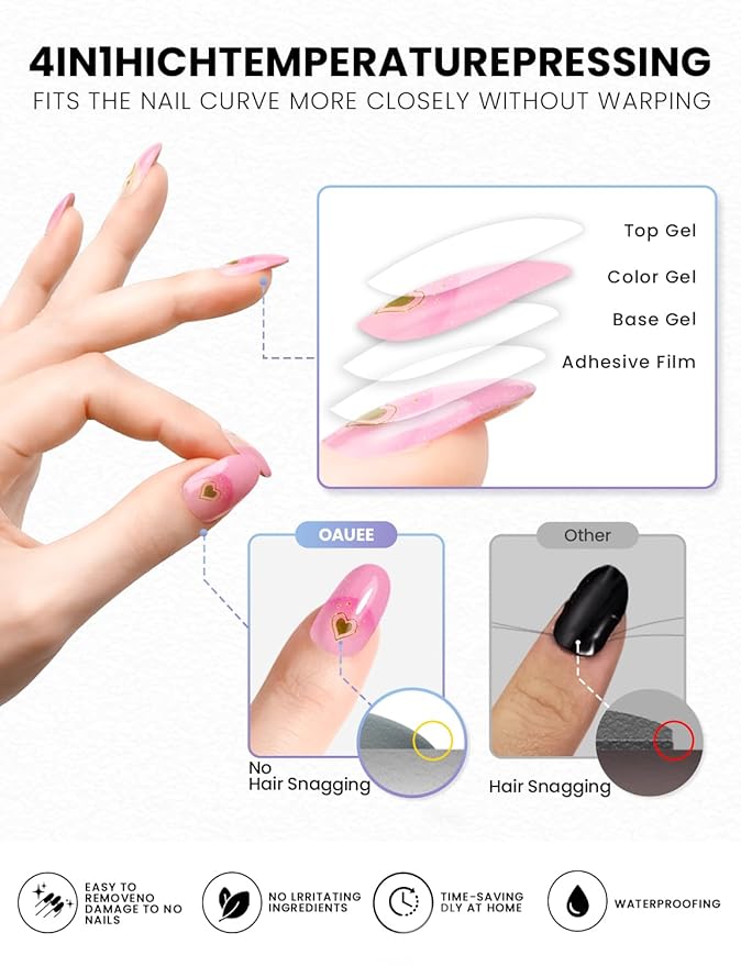 Semi Cured Gel Nail Strips | Built-In Gel Top Coat | UV Light Required | Salon Quality, Easy Application And Removal (Pink Elegance）