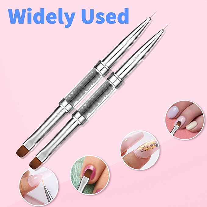 2 Pcs Nail Builder Gel Brush Double Ended, French Tip Liner Brush Black Nail Design Brushs with Rhinestone Handle Nails Drawing Brushes Nail-Liner Brushes for Design UV Hard Gel Nails