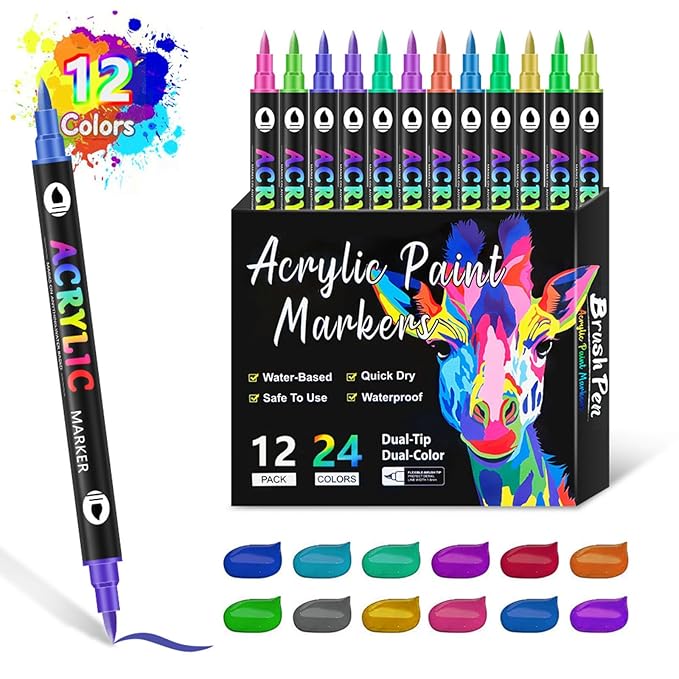 DualTip Nail Art Marker Set Water Based Acrylic Paint Pens with Precision Tips for DIY Nail Design Graffiti Dotting Quick Dry Easy Use Tools Manicures Ladies and Girls Thick Pen Tips 24 Colors 12 Pcs
