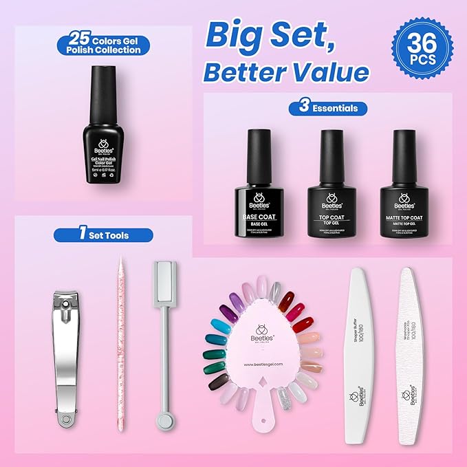 Beetles Deal Box Jelly Gel Nail Polish Set, Jelly Pink Milky White Black Green Silver Cat Eye Glitter Gel Polish HEMA-Free TPO-Free Base Top Coat 36PCS 25 Colors UV LED Needed DIY Salon Home