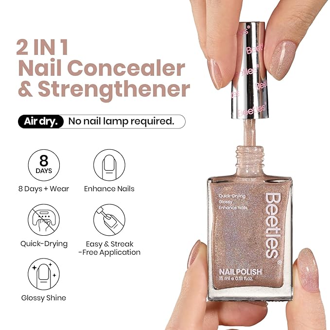 Beetles Nail Strengthener, 2 in 1 Nail Strengthener Polish Nail Growth Nail Ridge Filler Base Coat Nail Polish Nail Repair for Damaged Thin Nails Natural Nails Glitter Brown Nail Polish 15ML