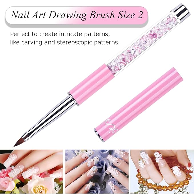 3-Piece Nail Art Brush Set - Rhinestone-Handled Gel Polish & Liner Brushes, 7&15 mm, for Salon & Home DIY Manicure (Pink)