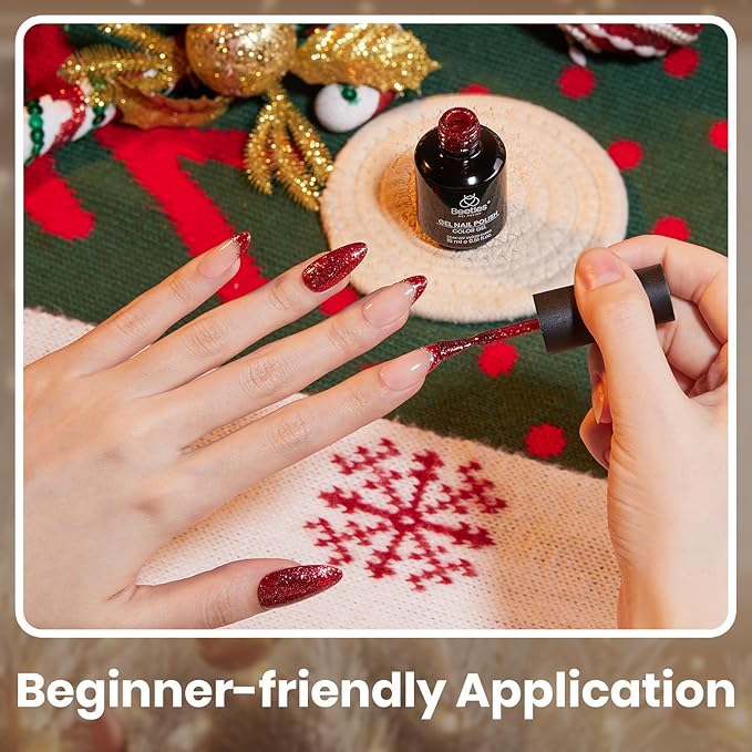Beetles Red Glitter Gel Nail Polish - Wine Red Shimmer Gel Polish 1Pcs 0.5Oz 15ml Soak Off UV LED Long Lasting Glossy Manicure for Valentine Nail Art and DIY