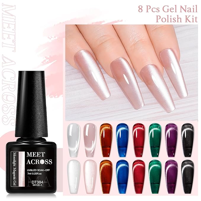 MEET ACROSS 8 Colors Magnetic Gel Nail Polish Kit With Magnetic Stick, All Season Colors Cat Eye Gel Polish, Long-Lasting Cat Eye Nail Gel for Salon Home Nail Art Manicure