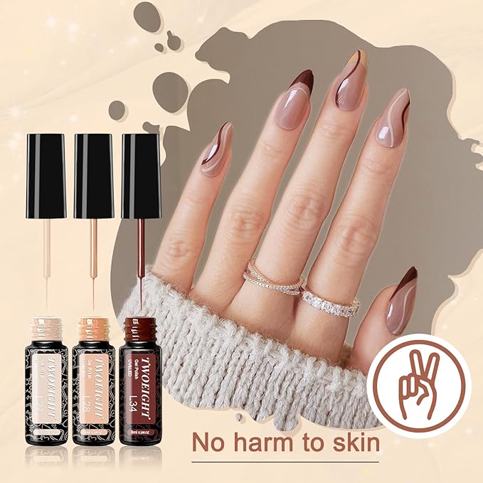 TWOEIGHT Gel Nail Polish Liner Nail Art 12 Colors 8ml UV Lamp Soak-off Polishes Pigmented Autumn Winter Brown Wine Red Collection Thin Brush in Bottle Manicure DIY at Home Salon