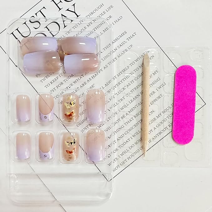 Butterfly Press on Nails Medium Square Fake Nails Purple French Tip False Nails with Designs Gold Foil Gradient Acrylic Glossy Glue on Nail Cute Artificial Stick on Nail for Women Manicure 24Pcs