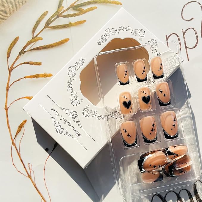 French Tip Press on Nails Short Square Valentines Fake Nails Heart Press ons Black Nails Tips Glue on Nails Glossy Full Cover Designs Stick on Nails Acrylic False Nails for Women Girls 24Pcs