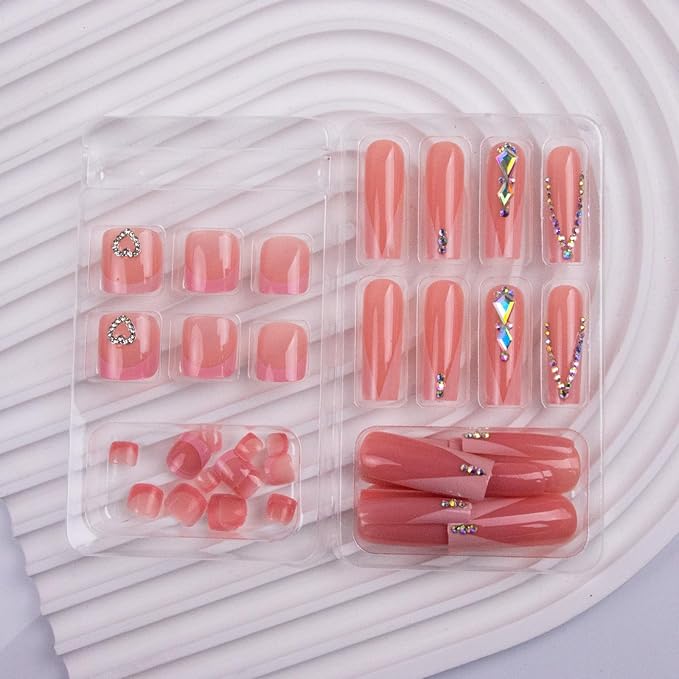 48Pcs Square Press on Nails Long & Press on Toenails Set, Pink French Tip Fake Nails Rhinestone Designs Pink Press on Toenails Full Cover Acrylic Glue on Nails for Women Manicure Kit