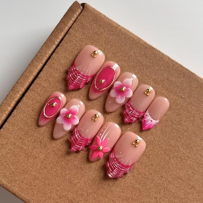 Press On Nails Medium Almond Shape False Nails, Handmade Acrylic Gel Fake Nails with Art Designs, Reusable 10 Pcs 3D Nails for Women DIY Manicure Kit