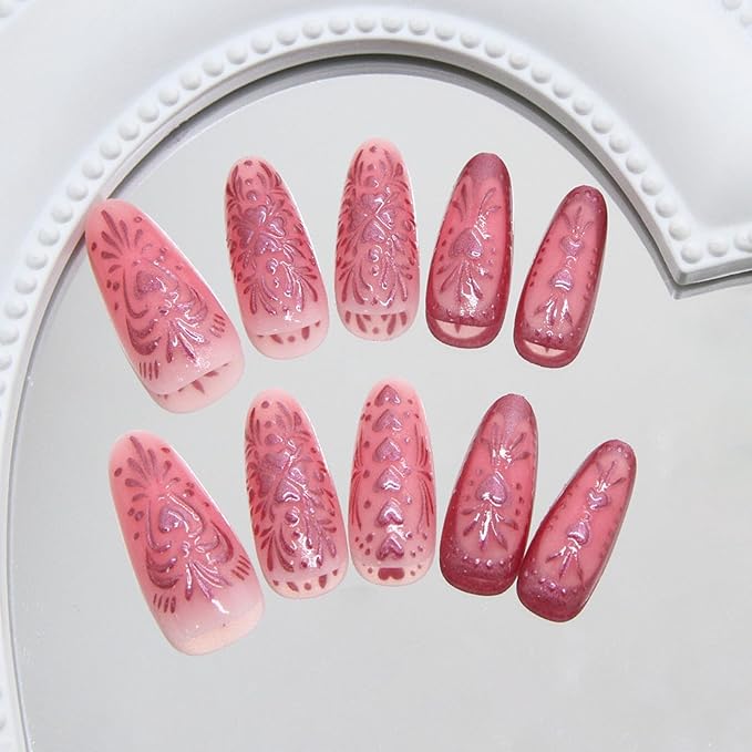 Long Press on Nails Almond Fake Nails Red False Nails Charm Artificial Nails with Hearts and Floral Designs Stick on Nails for Women 24pcs