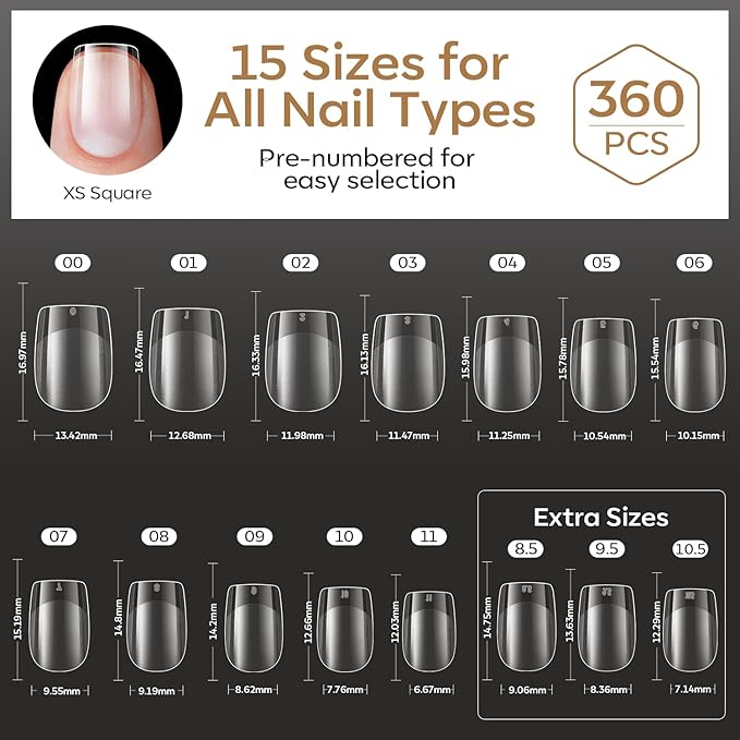 modelones Extra Short Square Gel Nail Tips, 360pcs Pre-etched Clear Fake Nails Press On Full Cover Half Matte 15 Sizes Acrylic Gel Tips for Extension Salon