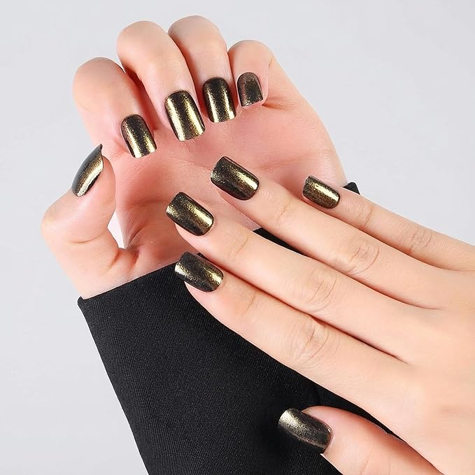 Short Square Press On Nails Gothic - Black And Gold Metallic Glitter Edgy Metallic Shimmer For Women, Perfect For Cosplay, Themed Events, Or Bold Evening Looks, 24 Nails in 12 Sizes