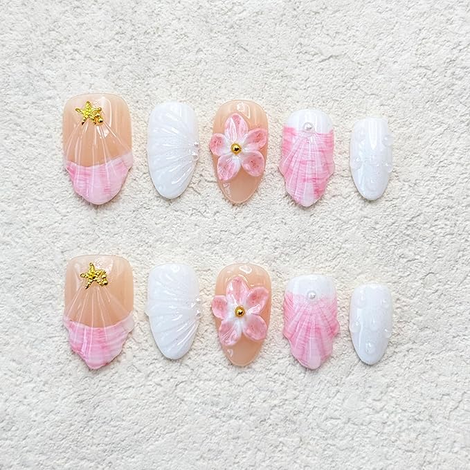 10 Pcs Short Almond Handmade Press on Nails with Glue,Luxury False Nails with 5D Flower Design Muti-Layer Gel False Nails Pink Reusable Acrylic Thick Nails Handmade Nail for Women(Size S)