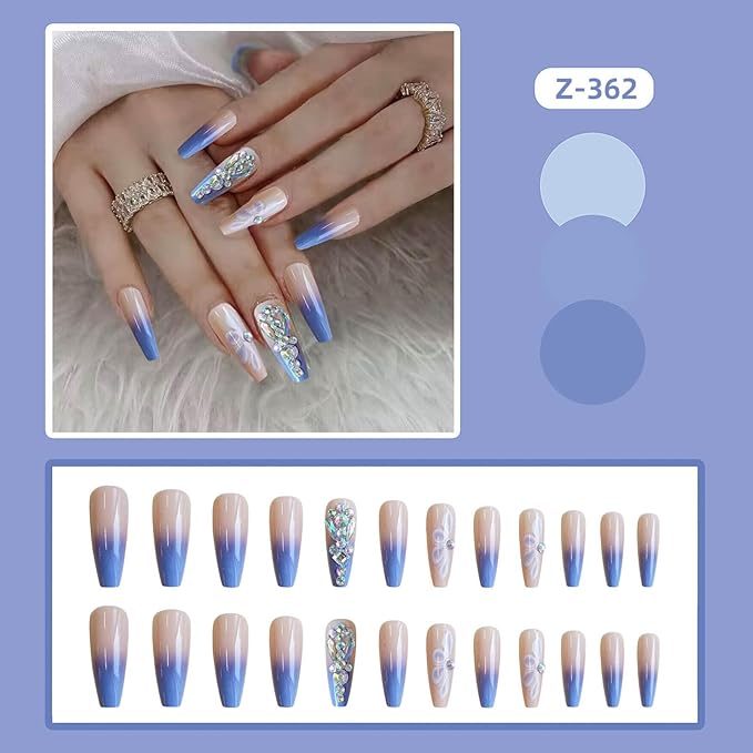 RTKHFZE Press on Nails Long Blue French Tip Fake Nails Coffin Glue on Nails with Flower and Rhinestones Designs Acrylic False Nails Glossy Full Cover Stick on Nail for Women and Girls