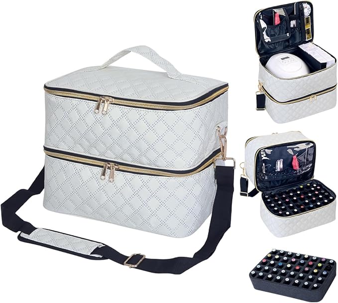 Nail Polish Organizer Case Holds 40 Bottles(15ml/0.5fl.oz) and Nail Lamp, Double Layer Nail Polish Storage with Adjustable Dividers,Portable Carrying Bag for Nail Kit, Manicure Tools Beige